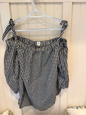 GAP Black & White Gingham Off-Shoulder Tie-Strap Blouse